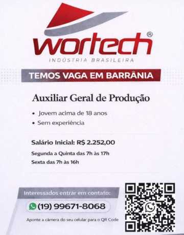 VAGA PARA  AUXILIAR DE PRODUÇÃO EM BARRÂNIA