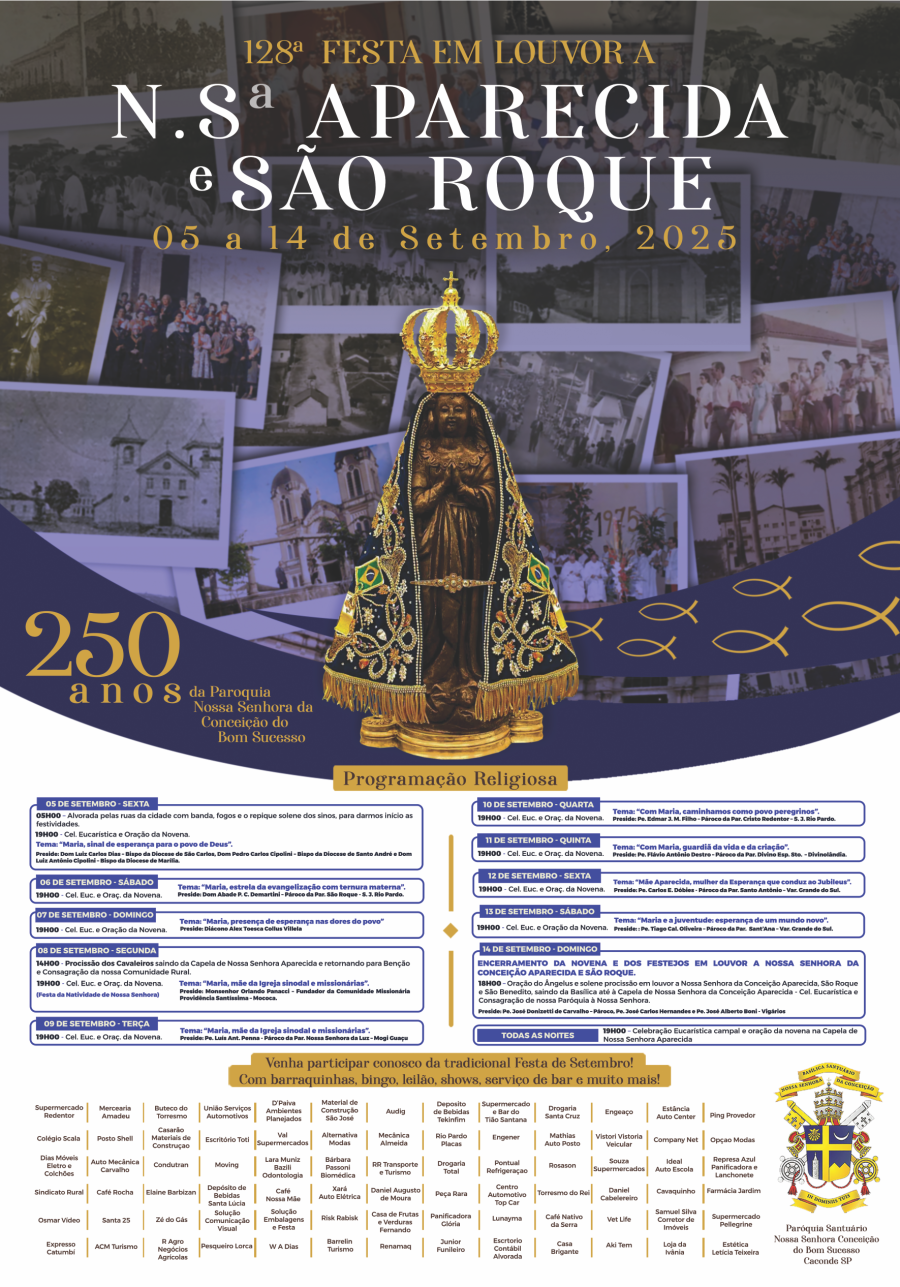 128ª Festa em Louvor a Nossa Senhora Aparecida e São Roque será realizada de 5 a 14 de setembro em Caconde