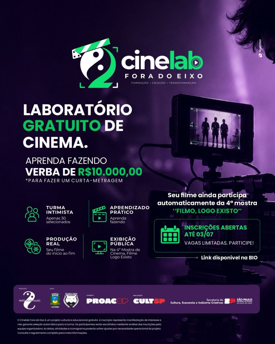 Estão abertas as inscrições para o CineLab Fora do Eixo em Caconde; participantes produzirão curta com verba de R$ 10 mil